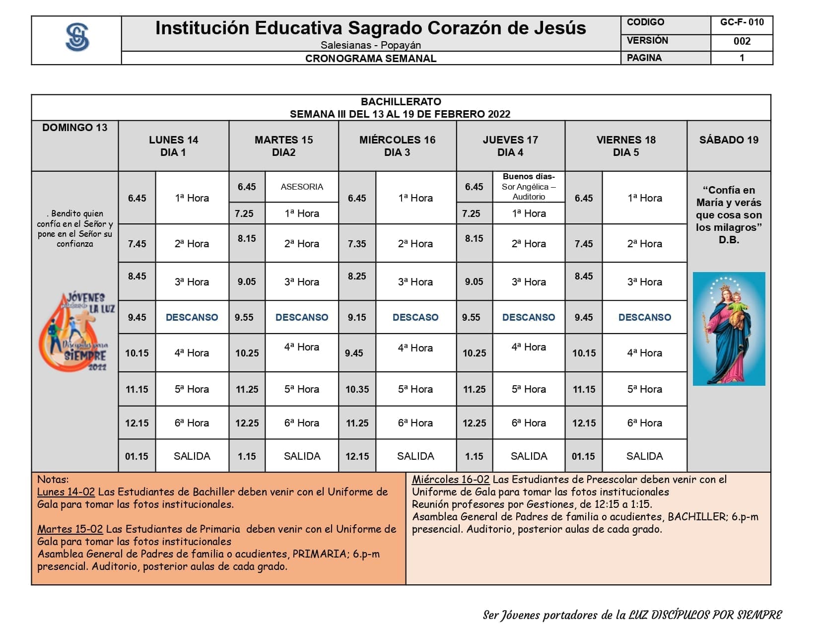 AGENDA DE LA SEMANA 3 Bachillerato 